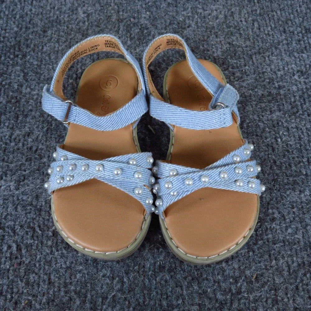 Cat & Jack Toddler Girls Pearl Denim Sandals Size 6 Summer Casual Light Blue‎
